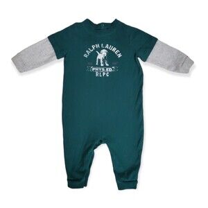 Ralph Lauren One Piece Romper Green w/ Gray Sleeves Puppy Size 6m